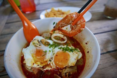 Close-up of breakfast served on table