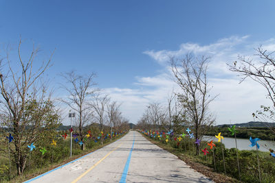 Road amidst bare trees against blue sky