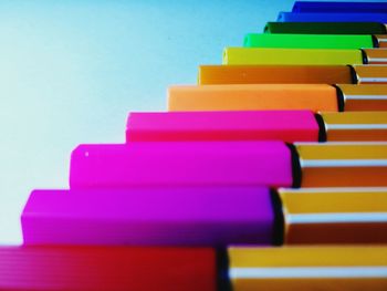Close-up of colorful books on table