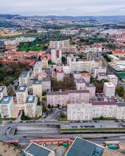 Aerial view of benfica residential district at twilight, view of white building, lisbon, portugal.