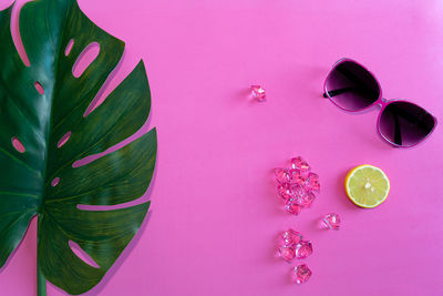 High angle view of pink leaves on table