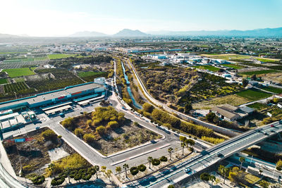 High angle view of cityscape against sky