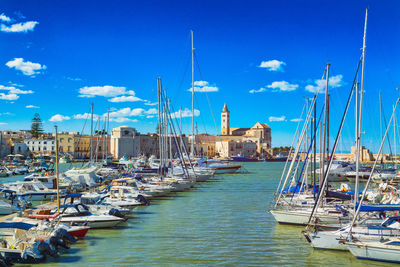 Sailboats moored in harbor