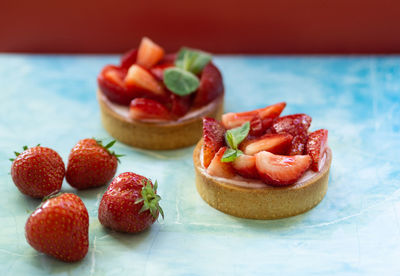 Close-up of strawberries in plate on table