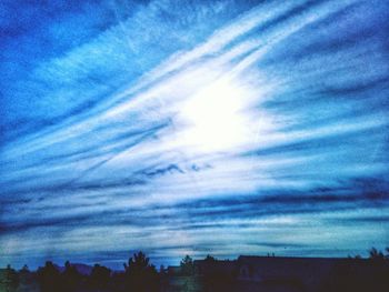 Low angle view of silhouette trees against blue sky