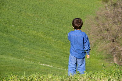 Rear view of a boy standing on grassland