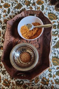 High angle view of breakfast on table