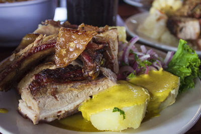 Close-up of food served in plate