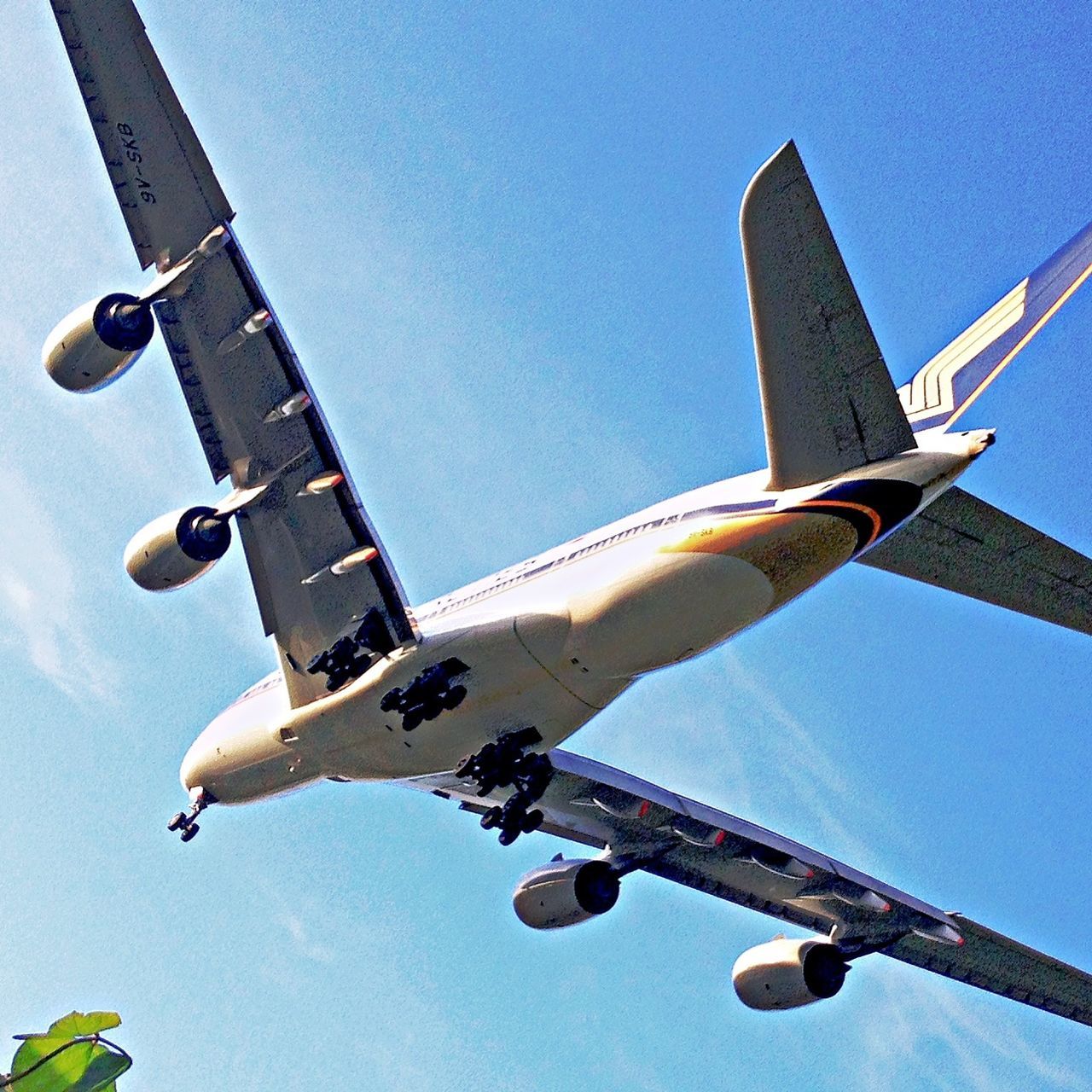 low angle view, blue, transportation, built structure, metal, architecture, mode of transport, airplane, sky, part of, air vehicle, day, building exterior, outdoors, sunlight, travel, cropped, tall - high, no people, metallic