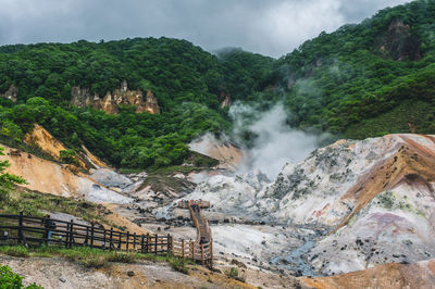 Scenic view of waterfall against sky