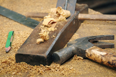 Close-up of hand tools and wood