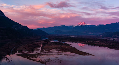 Scenic view of snowcapped mountains against sky during sunset