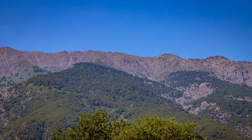 Scenic view of mountains against clear blue sky