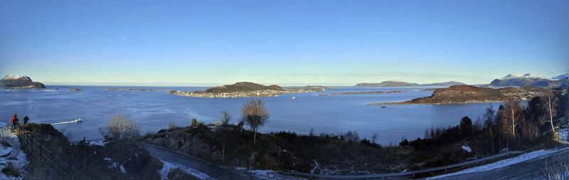 Panoramic view of sea against clear blue sky