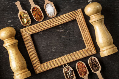 High angle view of objects on table