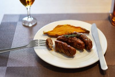 Close-up of food served in plate on table