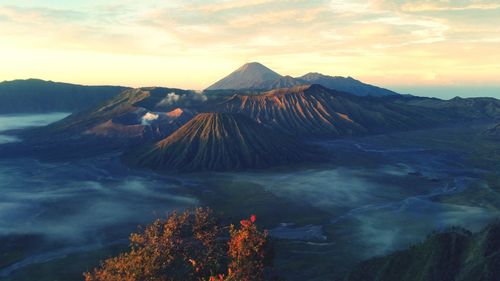 Scenic view of mountains at sunset