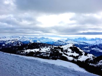 Scenic view of snowcapped mountains against cloudy sky