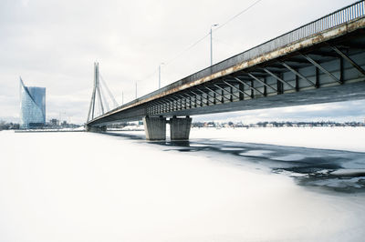 Bridge over river in city against sky