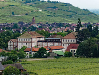 Scenic view of agricultural field by houses in village