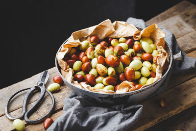 High angle view of fruits in bowl on table