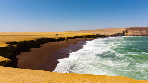 Scenic view of beach against clear blue sky