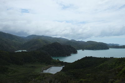 Scenic view of lake against cloudy sky