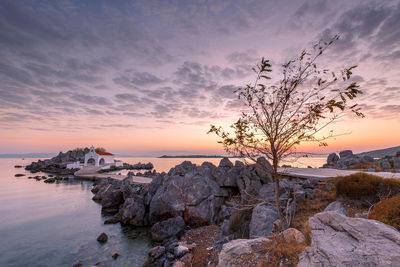 Agios isidoros church in northern chios at sunrise.