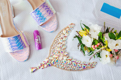 High angle view of various flowers on table
