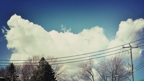 Low angle view of power lines against cloudy sky