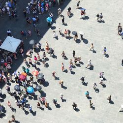 High angle view of people walking on street