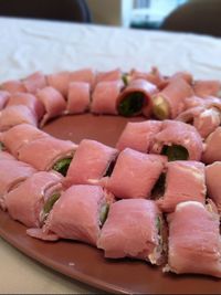 Close-up of sushi served on table