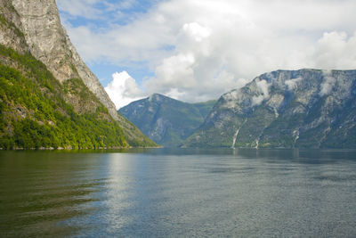 Scenic view of lake and mountains against sky