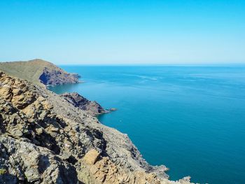 Scenic view of sea against clear blue sky