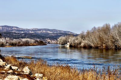 Scenic view of lake against clear sky