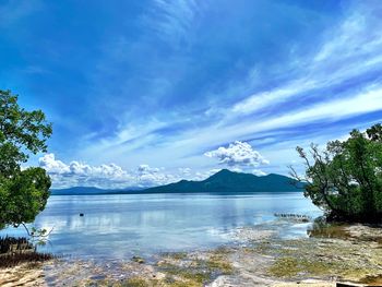 Scenic view of lake against blue sky