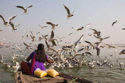 Rear view of woman feeding seagulls while sitting in boat at sea