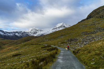 The snow-capped summit of snowdon in the snowdonia national park in north wales, uk