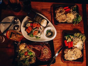 High angle view of meal served on table