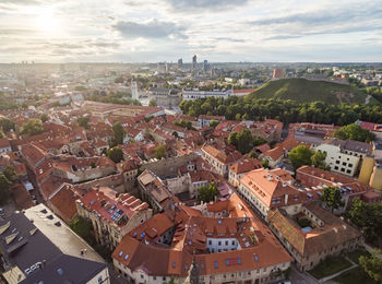 Vilnius old town with many old streets and cathedral square and bell tower in background. lithuania.