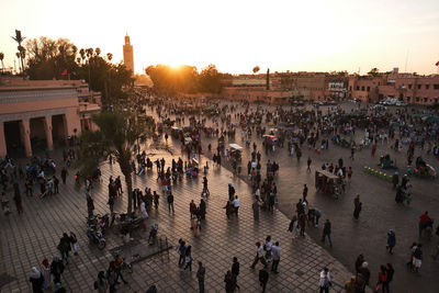 High angle view of people on street in town