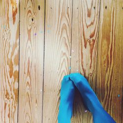 Low section of woman wearing blue socks while standing on floorboard