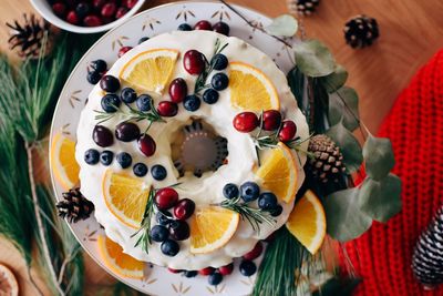 High angle view of dessert on table