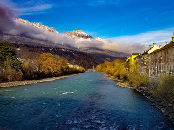 Scenic view of river amidst trees against blue sky