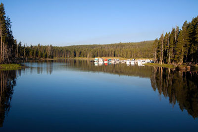 Scenic view of calm lake against clear sky