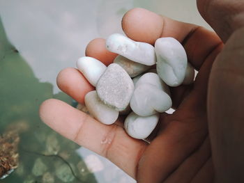 Cropped hand holding pebbles