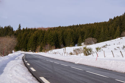 Road amidst trees against sky during winter