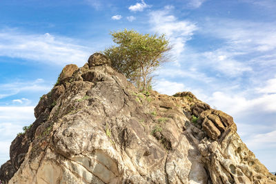 Low angle view of rock formation against sky