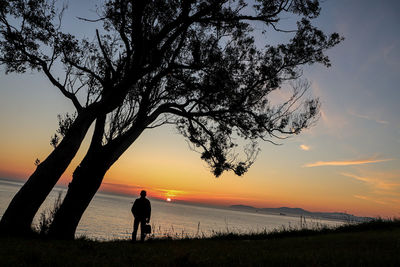 Silhouette man standing by tree against sky during sunset