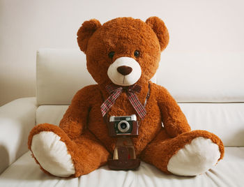 Stuffed teddy bear soft toy with photo camera.